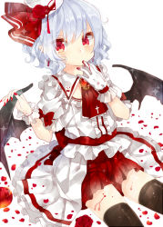 Rule 34 | 1girl, alternate costume, ascot, bat wings, black thighhighs, blood, blood in mouth, cleavage cutout, clothing cutout, dress, finger to mouth, gloves, light purple hair, looking at viewer, mokyuko, red hair, red skirt, remilia scarlet, short hair, skirt, solo, thighhighs, touhou, vampire, white dress, white gloves, wings, wrist cuffs, zettai ryouiki