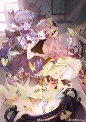 Rule 34 | 2girls, atelier (series), atelier lydie &amp; suelle, blush, bow, bowtie, breasts, bug, butterfly, cauldron, cleavage, detached sleeves, gloves, hair ornament, hairband, highres, insect, long hair, lydie marlen, multiple girls, open mouth, panties, pink eyes, pink hair, short hair, siblings, side ponytail, single detached sleeve, sisters, skirt, small breasts, suelle marlen, thighhighs, twins, underwear, white panties, yellow bow, zikai bai