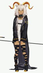 Rule 34 | 1girl, absurdres, animal ear fluff, animal ears, arknights, beeswax (arknights), black footwear, black jacket, bob cut, cape, collar, dark-skinned female, dark skin, full body, gold accents, hatotonaru, highres, holding, holding staff, horns, jacket, legs apart, looking at viewer, open clothes, open jacket, shirt, short hair, sleeves past wrists, solo, staff, standing, white background, white hair, white shirt, yellow eyes
