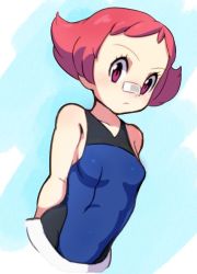 Rule 34 | 1girl, arms behind back, bandaid, bandaid on face, bandaid on nose, bare arms, bare shoulders, breasts, closed mouth, collarbone, creatures (company), curvy, eyebrows, eyelashes, facing away, female focus, flipped hair, forehead, frown, game freak, gym leader, leotard, maylene (pokemon), nintendo, pink eyes, pink hair, pokemon, pokemon dppt, reiesu (reis), short hair, small breasts, solo, tank top, tareme, upper body