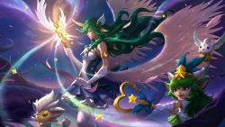 Rule 34 | 2girls, artist request, blue eyes, blue skirt, breasts, closed eyes, closed mouth, fangs, frilled skirt, frills, from side, gloves, green hair, green skirt, hair ornament, heart, holding, holding staff, horns, league of legends, legends of runeterra, little legend, long hair, lulu (league of legends), magic, medium breasts, miniskirt, multiple girls, night, outdoors, pointy ears, shirt, short sleeves, single horn, skirt, soraka (league of legends), staff, star (symbol), star guardian (league of legends), star guardian lulu, star guardian soraka, teeth, thighhighs, upper teeth only, white gloves, white shirt, white thighhighs, wings, yordle