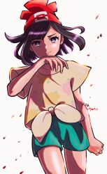Rule 34 | 1girl, beanie, black hair, closed mouth, commentary request, creatures (company), eyelashes, game freak, green shorts, grey eyes, hand up, hat, highres, looking at viewer, medium hair, nintendo, pokemon, pokemon sm, red hat, selene (pokemon), sheyona, shiny skin, shirt, short sleeves, shorts, smile, solo, t-shirt, tied shirt, twitter username, white background