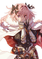 Rule 34 | 1boy, armor, astolfo (fate), bad id, bad pixiv id, black bow, black ribbon, black shirt, blush, bow, braid, breastplate, cape, closed mouth, commentary request, fate/apocrypha, fate/grand order, fate (series), faulds, fur trim, gauntlets, hair between eyes, hair intakes, hair ribbon, horns, juliet sleeves, long braid, long hair, long sleeves, looking at viewer, male focus, multicolored hair, photoshop (medium), pink hair, puffy sleeves, purple eyes, ribbon, saitou masatsugu, shirt, simple background, single braid, single horn, smile, solo, streaked hair, trap, white background