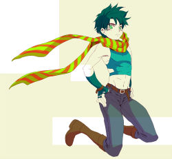 Rule 34 | 1boy, aged down, black hair, boots, crop top, fingerless gloves, full body, gloves, green eyes, green hair, jojo no kimyou na bouken, joseph joestar, joseph joestar (young), male focus, matching hair/eyes, midriff, partially colored, scarf, shiranui02, simple background, solo, striped clothes, striped scarf