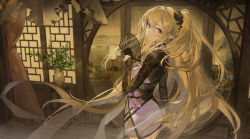 Rule 34 | 1girl, arknights, blonde hair, breasts, cowboy shot, curtains, dress, ergouzi echo, from behind, hair between eyes, hand fan, highres, holding, holding fan, indigo (arknights), indigo (serene day) (arknights), indoors, lamp, long hair, long sleeves, looking at viewer, looking back, medium breasts, official alternate costume, parted lips, pointy ears, ponytail, purple dress, purple eyes, short dress, sleeves past wrists, solo, test tube, vase, very long hair