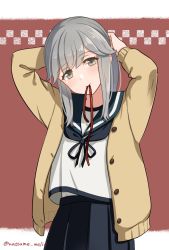 Rule 34 | 1girl, beige cardigan, blue sailor collar, blue skirt, brown eyes, cardigan, commentary request, cowboy shot, dress, grey hair, hair ribbon, highres, holding, holding own hair, kantai collection, long hair, looking at viewer, mouth hold, natsume (natsume melio), one-hour drawing challenge, pleated dress, ribbon, sailor collar, school uniform, serafuku, skirt, solo, usugumo (kancolle)