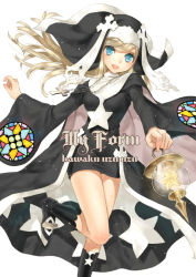 Rule 34 | 1girl, blonde hair, blue eyes, boots, cross, cross necklace, habit, jewelry, kawaku, lamp, legs, long hair, looking at viewer, necklace, nun, open mouth, original, sleeves past wrists, smile, solo, star (symbol), teeth