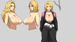 Rule 34 | 1girl, alternate hairstyle, areola slip, bleach, blonde hair, blue eyes, breasts, cleavage, cowboy shot, grey background, highres, hori hiraki, huge breasts, japanese clothes, long hair, long sleeves, looking at viewer, matsumoto rangiku, mole, mole under mouth, nipples, parted lips, short hair, simple background, smile, solo, standing