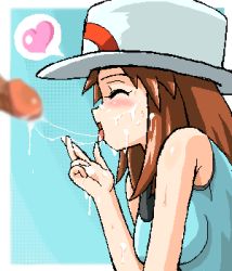 Rule 34 | 1girl, bare shoulders, blue shirt, blush, brown hair, censored, creatures (company), cum, cum in mouth, cum on tongue, cum string, disembodied penis, closed eyes, facial, game freak, green (pokemon), hand up, hat, heart, konpeto, long hair, lowres, nintendo, oekaki, open mouth, penis, pokemon, shirt, sleeveless, sleeveless shirt, solo, tongue, tongue out, upper body