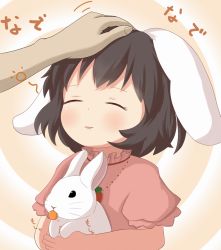 Rule 34 | 1girl, animal ears, black hair, blush, rabbit, rabbit ears, carrot, carrot necklace, carrying, dress, closed eyes, female focus, hand on head, head pat, inaba tewi, jewelry, maromi gou, necklace, headpat, pink dress, puffy sleeves, short hair, short sleeves, smile, solo focus, touhou, upper body