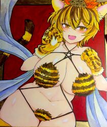 Rule 34 | 1girl, alternate costume, animal ears, animal hands, animal print, bikini, black hair, blonde hair, blush, breasts, cleavage, clenched hands, collarbone, commentary request, dutch angle, fang, fur-trimmed bikini, fur-trimmed gloves, fur trim, gloves, hair ornament, highres, kemonomimi mode, large breasts, looking at viewer, multicolored hair, navel, open mouth, paw gloves, shawl, shiny skin, short hair, solo, streaked hair, swimsuit, tail, thick thighs, thighs, tiger ears, tiger paws, tiger print, tiger tail, toramaru shou, touhou, traditional media, two-tone hair, washiwa, yellow eyes