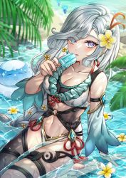 Rule 34 | 1girl, absurdres, bare shoulders, black thighhighs, blue eyes, blush, breasts, cleavage, collarbone, commentary request, detached sleeves, flower, food, from above, genshin impact, grey hair, hair flower, hair ornament, highres, large breasts, long sleeves, looking at viewer, navel, nyamaso, outdoors, parted lips, partially submerged, popsicle, shenhe (genshin impact), slime (genshin impact), thighhighs, thighs, tongue, tongue out, water
