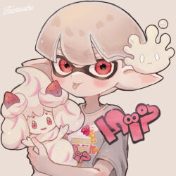 Rule 34 | 1boy, :p, alcremie, artist name, closed mouth, commentary request, cream, creatures (company), food print, game freak, gen 8 pokemon, grey shirt, highres, inkling, inkling (language), inkling boy, inkling player character, looking at viewer, milcery, nintendo, pointy ears, pokemon, pokemon (creature), print shirt, red eyes, shirt, short hair, simple background, splatoon (series), splatoon 3, tebasaki (teba illust), tentacle hair, thick eyebrows, tongue, tongue out, upper body, white background, white hair