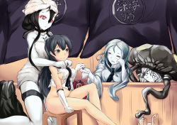 Rule 34 | 10s, 463 jun, 4girls, = =, abyssal ship, agano (kancolle), anchor, battleship princess, black eyes, black hair, blush, bottomless, bow, bow panties, breasts, closed eyes, dress, gloves, groin, hand on own cheek, hand on own face, highres, horns, kantai collection, long hair, multiple girls, naked towel, necktie, no panties, open mouth, pale skin, panties, pink panties, red eyes, sitting, skin-covered horns, sleeveless, smile, stool, ta-class battleship, thigh strap, torn clothes, towel, towel on head, underwear, unworn panties, wo-class aircraft carrier