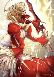Rule 34 | 10s, 1girl, aestus estus, ahoge, backless dress, backless outfit, bag, blonde hair, braid, breasts, butt crack, commentary request, dress, epaulettes, facing away, fate/extra, fate (series), hair bun, highres, holding, holding sword, holding weapon, juliet sleeves, large breasts, long sleeves, nero claudius (fate), nero claudius (fate) (all), nero claudius (fate/extra), puffy sleeves, red dress, shoulder bag, sidelocks, single hair bun, solo, sparkle, sword, twitter username, tyone, weapon, wide sleeves