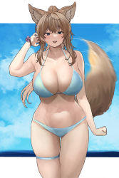 Rule 34 | 1girl, absurdres, animal ear fluff, animal ears, bare arms, bare shoulders, bikini, blue bikini, blue eyes, breasts, brown hair, chroong, cleavage, flower, hair between eyes, highres, large breasts, light smile, long hair, looking at viewer, navel, ponytail, purple flower, skindentation, solo, standing, stomach, swimsuit, tail, thigh gap, thigh strap