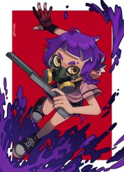 Rule 34 | 1girl, arm up, artist name, black footwear, black shorts, blunt bangs, border, caffstrink, dolphin shorts, earrings, eyebrow cut, female focus, flat chest, full body, gloves, gun, hand up, handgun, highres, holding, holding gun, holding weapon, ink, inkling, inkling girl, inkling player character, jewelry, looking at viewer, multiple earrings, n-zap (splatoon), nail polish, nintendo, outside border, partially fingerless gloves, pink shirt, pointy ears, purple hair, purple nails, purple trim, red background, red gloves, respirator, running, shirt, shoes, short hair, short shorts, short sleeves, shorts, sidelocks, signature, simple background, single glove, sneakers, solo, splatoon (series), splatter, standing, standing on one leg, tentacle hair, tentacles, v-shaped eyebrows, weapon, white border, yellow eyes