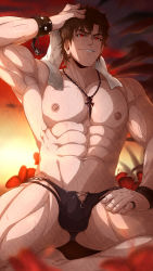 Rule 34 | 1boy, abs, absurdres, bara, belial (granblue fantasy), belial (summer) (granblue fantasy), black hair, black male swimwear, granblue fantasy, highres, jewelry, kuroshinki, large pectorals, male focus, male swimwear, muscular, muscular male, navel, necklace, nipples, official alternate costume, outdoors, pectorals, red eyes, ring, short hair, smile, solo, sunset, swim briefs, thick thighs, thighs, towel, towel around neck, wristband