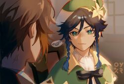 Rule 34 | 2boys, androgynous, anger vein, aqua hair, beret, black bow, black hair, blush, bow, braid, brown hair, cape, collared cape, commentary, english commentary, flower, from behind, genshin impact, gradient hair, green cape, green eyes, green headwear, hat, hat flower, highres, indoors, looking at another, male focus, multicolored hair, multiple boys, orange hair, oyakorodesu, shirt, short hair, short hair with long locks, side braids, signature, sitting, smile, smug, spoken expression, twin braids, venti (genshin impact), white flower, white shirt, zhongli (genshin impact)