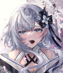 Rule 34 | 1girl, bare shoulders, bow, breasts, candy, cherry blossoms, chocolate, chocolate heart, cleavage, dimazu, flower, food, grey eyes, grey hair, hair bow, hair flower, hair ornament, heart, highres, hololive, hololive indonesia, japanese clothes, kimono, looking at viewer, medium breasts, mouth hold, official alternate costume, official alternate hairstyle, outdoors, petals, short hair, short hair with long locks, sidelocks, signature, smile, solo, vestia zeta, vestia zeta (new year), virtual youtuber