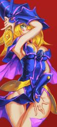 Rule 34 | 1girl, arm up, armpits, blonde hair, blush stickers, dark magician girl, duel monster, gluteal fold, green eyes, helmet, highres, labombardier!, long hair, looking at viewer, md5 mismatch, solo, staff, thigh gap, yu-gi-oh!, yuu-gi-ou, yu-gi-oh! duel monsters