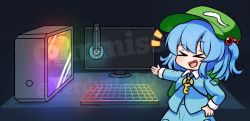 Rule 34 | &gt; &lt;, 1girl, :d, black background, blue hair, blue jacket, closed eyes, commission, computer, ferdy&#039;s lab, flat cap, green hat, hair bobbles, hair ornament, hand on own hip, hat, headphones, jacket, kawashiro nitori, keyboard (computer), long sleeves, open mouth, rainbow, smile, solo, standing, thumbs up, touhou, twitter username, two side up