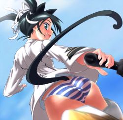 Rule 34 | 00s, 1girl, animal ears, ass, black hair, blush, bottomless, cat ears, cat tail, day, fang, francesca lucchini, green eyes, gun, hair ribbon, long hair, looking back, no pants, nurumu, panties, ribbon, sky, solo, strike witches, striker unit, striped clothes, striped panties, tail, twintails, underwear, uniform, weapon, world witches series