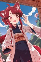 Rule 34 | 1girl, ahoge, animal ears, blue kimono, blue sky, bush, cloud, commentary request, cowboy shot, day, flower, fox ears, fox girl, fox tail, hand on own hip, hand up, haori, highres, jacket, japanese clothes, kimono, light blush, long hair, looking at viewer, obi, open mouth, original, outdoors, red eyes, red hair, red ribbon, red tail, ribbon, sash, sidelocks, sky, solo, standing, tail, waving, white jacket, yukinagi