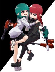 Rule 34 | 1girl, bike shorts, black footwear, black jacket, black leggings, black shorts, blunt bangs, blunt ends, closed mouth, commentary, dualie squelcher (splatoon), fangs, green hair, grey eyes, grey jacket, half-closed eyes, hand on another&#039;s shoulder, hand on another&#039;s thigh, holding, holding weapon, inkling, inkling girl, inkling player character, invisible chair, jacket, jet squelcher (splatoon), knee up, leaning forward, leggings, light frown, logo, long hair, looking at viewer, looking back, nintendo, open mouth, pointy ears, red hair, shoes, shorts, single vertical stripe, sitting, smile, sneakers, solo, splatoon (series), splatoon 2, standing, straddling, takeko spla, tentacle hair, weapon, white footwear