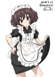 Rule 34 | 10s, 1girl, :o, absurdres, akiyama yukari, alternate costume, apron, black dress, bolo tie, collared dress, commentary, dated, dress, enmaided, girls und panzer, hand on own hip, head tilt, highres, kneehighs, lips, long hair, looking at viewer, maid, maid apron, maid headdress, medium dress, one-hour drawing challenge, parted lips, shiina excel, simple background, skirt hold, socks, solo, standing, sweatdrop, twitter username, watermark, white apron, white background, white socks, wristband