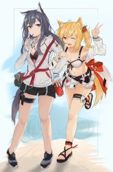 Rule 34 | 2girls, animal ears, arknights, bare shoulders, black hair, blonde hair, clov3r, food, food in mouth, highres, holding, holding food, jacket, locked arms, multiple girls, official alternate costume, pocky, red eyes, sandals, shorts, soda, sora (arknights), sora (summer flowers) (arknights), swimsuit cover-up, tail, texas (arknights), wolf ears, wolf girl, wolf tail, yellow eyes, yuri
