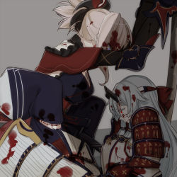 Rule 34 | 2girls, armor, blonde hair, blood, blood on face, blue eyes, broken horn, fate/grand order, fate (series), from side, glowing, glowing eyes, gold trim, hollomaru, horns, japanese armor, long hair, looking at another, looking down, miyamoto musashi (fate), miyamoto musashi (second ascension) (fate), multiple girls, oni horns, ponytail, red eyes, shadow, silver hair, tomoe gozen (fate)