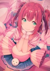 Rule 34 | 1girl, aqua eyes, bad id, bad twitter id, blush, bow, candy, commentary request, food, frilled sleeves, frills, gloves, hair bow, head rest, highres, kurosawa ruby, love live!, love live! school idol festival, love live! sunshine!!, oversized object, pink bow, red hair, short sleeves, sitting, siva (executor), smile, solo, two side up