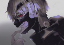 Rule 34 | 1boy, akahara (akaharaillust), closed mouth, from side, gradient background, grey background, hand up, highres, kaneki ken, looking at viewer, male focus, mask, mouth mask, red eyes, shiny clothes, short hair, solo, spot color, teeth print, tokyo ghoul