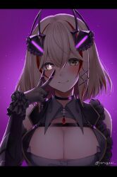 Rule 34 | 1girl, ahoge, artist name, asymmetrical sleeves, azur lane, bare shoulders, black bustier, black choker, black dress, black gloves, breasts, brown eyes, choker, cleavage, cleavage cutout, clothing cutout, crossed bangs, dress, elbow gloves, gem, gloves, glowing, glowing eye, hair between eyes, hair ornament, hand on own face, headgear, highres, idol, jewelry, large breasts, letterboxed, light brown hair, looking at viewer, medium hair, multicolored hair, official alternate hairstyle, oshi no ko, purple background, red eyes, red gemstone, red hair, roon (azur lane), roon (muse) (azur lane), simple background, smile, solo, star-shaped pupils, star (symbol), streaked hair, symbol-shaped pupils, two-tone hair, upper body, v, yorugami rei