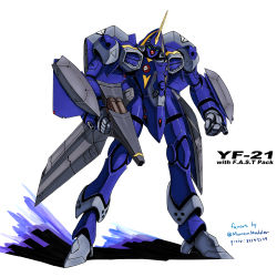 Rule 34 | 1990s (style), arm cannon, character name, clenched hand, clip studio paint (medium), commentary, energy cannon, english commentary, english text, engrish commentary, gunpod, highres, macross, macross plus, marker (medium), mecha, mumen (mumenmodeler), no humans, official style, prototype design, reactive armor, retro artstyle, robot, roundel, science fiction, shadow, shield, sketch, thrusters, traditional media, u.n. spacy, variable fighter, weapon, yf-21