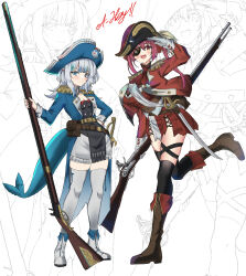 Rule 34 | 2girls, bicorne, blue headwear, blue jacket, gawr gura, gun, hat, highres, holding, holding gun, holding weapon, hololive, hololive english, houshou marine, jacket, looking at viewer, multiple girls, musket, persocon93, pirate costume, pirate hat, red jacket, red skirt, skirt, thighhighs, thighs, virtual youtuber, weapon, white thighhighs