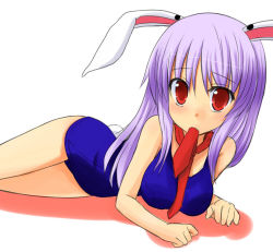 Rule 34 | 1girl, animal ears, between breasts, blush, breasts, female focus, kazami ruku, light purple hair, lying, mouth hold, necktie, on side, one-piece swimsuit, rabbit ears, rabbit girl, rabbit tail, red eyes, red necktie, reisen udongein inaba, school swimsuit, solo, swimsuit, tail, touhou