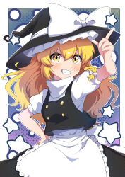 Rule 34 | 1girl, absurdres, apron, arm up, back bow, black dress, black hat, blonde hair, blue background, blush, border, bow, braid, buttons, closed mouth, dress, eyes visible through hair, frills, gradient background, grin, hair between eyes, hair bow, hand on own hip, hand up, hat, hat bow, highres, kirisame marisa, long hair, looking up, miz (mizillustration), pointing, polka dot, polka dot background, puffy short sleeves, puffy sleeves, purple background, shirt, short sleeves, single braid, smile, solo, standing, star (symbol), teeth, touhou, white apron, white border, white bow, white shirt, witch hat, yellow eyes