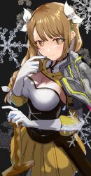 Rule 34 | 1girl, absurdres, armor, armored dress, belt, belt buckle, blush, braid, braided ponytail, breasts, brown belt, brown eyes, brown hair, buckle, cleavage, closed mouth, commentary, corset, dress, finger to mouth, fire emblem, fire emblem engage, gloves, goldmary (fire emblem), hair ribbon, highres, holding, holding sword, holding weapon, large breasts, long hair, looking at viewer, mole, mole on breast, mu tu bu, nintendo, ribbon, shoulder armor, smile, solo, sword, underbust, weapon, white gloves, white ribbon, yellow dress