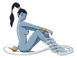 Rule 34 | 1girl, artist name, black hair, blue eyes, blue skin, blush, bracer, breasts, colored skin, female focus, from side, full body, genie, karvis, lamp, legs, looking at viewer, nipples, nude, oil lamp, pointy ears, ponytail, simple background, sitting, solo, thighs, vector trace, white background