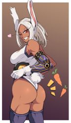 Rule 34 | 1girl, ;d, adjusting clothes, adjusting leotard, animal ears, ass, black thighhighs, boku no hero academia, border, breasts, carrot, clothing cutout, crescent print, dark-skinned female, dark skin, female focus, gloves, heart, highres, kristallion, large breasts, leotard, long eyelashes, looking at viewer, mechanical arms, mirko, one eye closed, open mouth, parted bangs, prosthesis, prosthetic arm, purple thighhighs, rabbit ears, rabbit girl, rabbit tail, red eyes, short hair, single mechanical arm, smile, solo, tail, tail through clothes, taut leotard, teeth, thighhighs, thighs, toned, twisted torso, wedgie, white border, white gloves, white hair, white leotard, wink