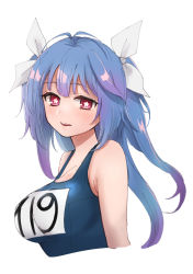 Rule 34 | 1girl, blue hair, breasts, flower-shaped pupils, hair between eyes, hair ribbon, highres, i-19 (kancolle), kantai collection, large breasts, long hair, name tag, one-piece swimsuit, red eyes, ribbon, saburou 03, school swimsuit, swimsuit, symbol-shaped pupils, tri tails, upper body, white background, white ribbon