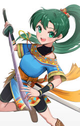 Rule 34 | 1girl, aged down, black shorts, fire emblem, fire emblem: the blazing blade, fire emblem heroes, gonzarez, green eyes, green hair, highres, holding, holding sword, holding weapon, jewelry, looking at viewer, lyn (fire emblem), necklace, nintendo, official alternate costume, open mouth, pelvic curtain, ponytail, shorts, smile, solo, sword, teeth, undershirt, upper teeth only, weapon, white background