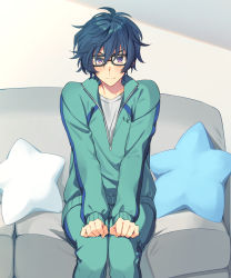 Rule 34 | 1boy, bad id, bad pixiv id, bespectacled, bishounen, blue hair, couch, eyebrows hidden by hair, from argonavis, glasses, highres, male focus, nanahoshi ren, pillow, saigi, sitting, solo, star-shaped pillow, track suit