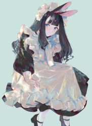 Rule 34 | 1girl, animal ears, apron, aqua background, black footwear, black hair, blue eyes, blunt bangs, bow, character request, commentary request, frills, highres, jamu (yakinikuoi4), long hair, looking to the side, maid, maid apron, maid headdress, mary janes, rabbit ears, shoes, sidelocks, simple background, solo, white bow