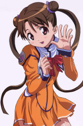 Rule 34 | 00s, 1girl, :d, blush, bow, bowtie, brown eyes, cowboy shot, emblem, hair ribbon, head tilt, highres, katase shima, long hair, long sleeves, looking at viewer, open mouth, orange shirt, orange skirt, palms, red bow, ribbon, roman numeral, shirt, simple background, skirt, smile, solo, standing, twintails, uchuu no stellvia, very long hair, waving, white background