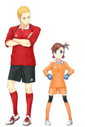 Rule 34 | 00s, 1boy, 1girl, adidas, blonde hair, blue eyes, brown hair, character request, crossed arms, futami mami, gin (ginshari), gloves, hair bobbles, hair ornament, height difference, idolmaster, idolmaster (classic), idolmaster 1, looking at viewer, side ponytail, smile, soccer, thighhighs, uniform
