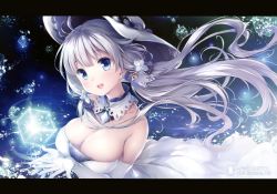 Rule 34 | 1girl, absurdres, azur lane, bare shoulders, blue eyes, blush, breasts, character name, chiyingzai, cleavage, detached collar, dress, earrings, elbow gloves, gloves, hat, highres, huge filesize, illustrious (azur lane), jewelry, large breasts, letterboxed, long hair, looking at viewer, mole, mole under eye, open mouth, scan, silver hair, simple background, smile, solo, strapless, strapless dress, sun hat, upper body, white dress