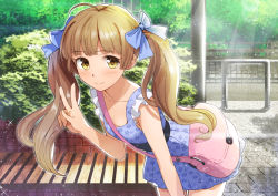 Rule 34 | 1girl, ahoge, bad id, bad pixiv id, bag, bare arms, bare shoulders, blue dress, blue ribbon, blush, brown hair, bush, closed mouth, collarbone, commentary request, cowboy shot, day, dress, floral print, hair ribbon, hakozaki serika, hand up, idolmaster, idolmaster million live!, leaning forward, long hair, looking at viewer, outdoors, plant, pleated dress, ribbon, road, shoulder bag, sleeveless, sleeveless dress, smile, solo, sparkle, standing, sunlight, twintails, v, yellow eyes, yoropa